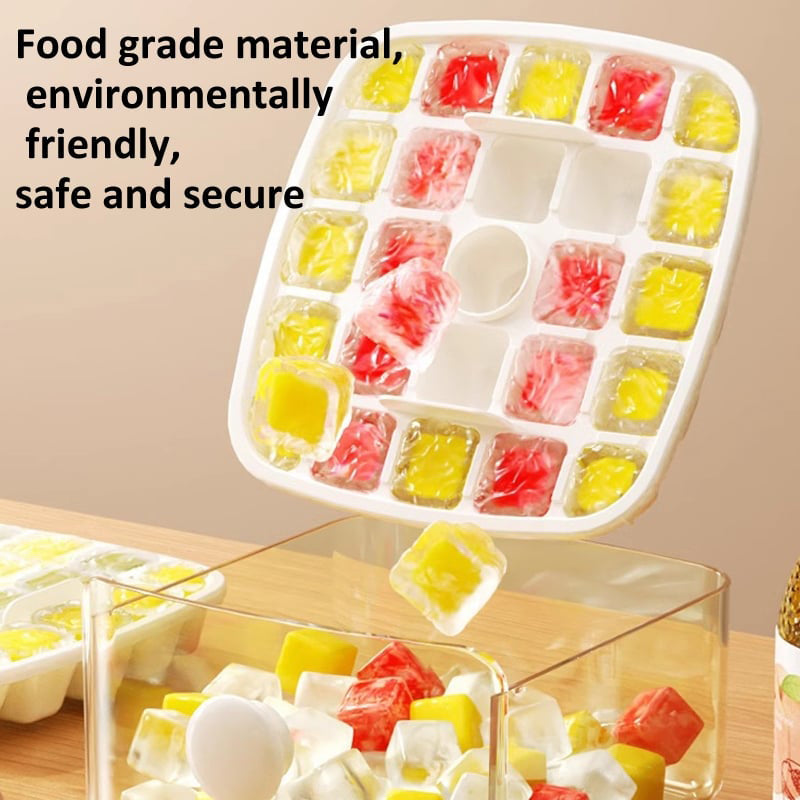 Dual-Layer Press-Button Ice Maker Tray with Storage Container – Makes 48 Cubes – Food-Safe Freezer Bin | Thomler