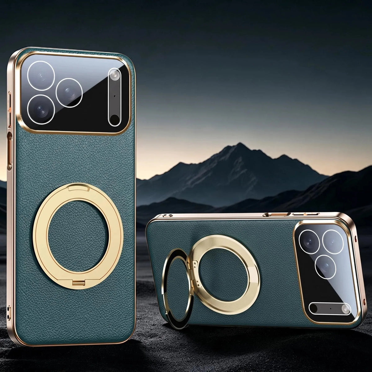 Leather MagSafe iPhone Case with 360° Rotating Ring Stand & Metallic Frame for iPhone 17, 16, 15, 14 Pro Max Plus Air | Thomler