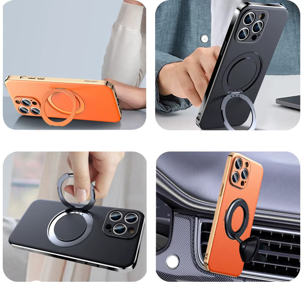 Leather MagSafe iPhone Case with 360° Rotating Ring Stand & Metallic Frame for iPhone 17, 16, 15, 14 Pro Max Plus Air | Thomler