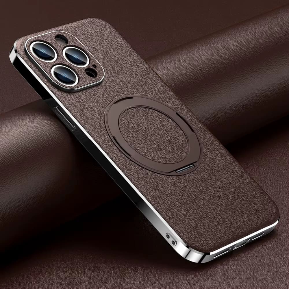 Leather MagSafe iPhone Case with 360° Rotating Ring Stand & Metallic Frame for iPhone 17, 16, 15, 14 Pro Max Plus Air | Thomler