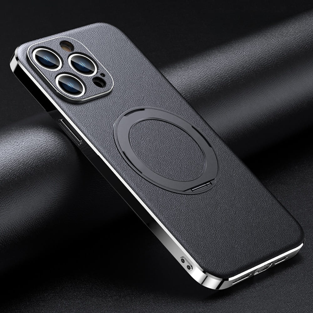 Leather MagSafe iPhone Case with 360° Rotating Ring Stand & Metallic Frame for iPhone 17, 16, 15, 14 Pro Max Plus Air | Thomler