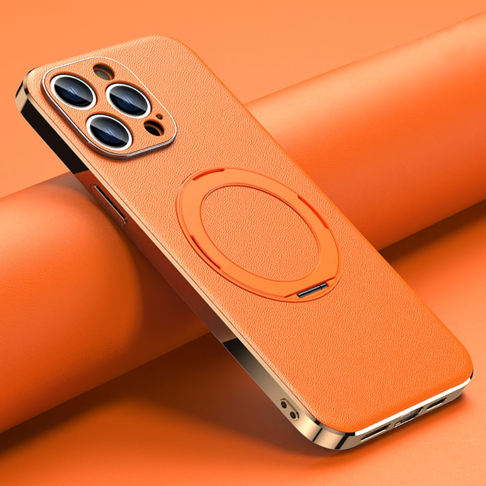 Leather MagSafe iPhone Case with 360° Rotating Ring Stand & Metallic Frame for iPhone 17, 16, 15, 14 Pro Max Plus Air | Thomler