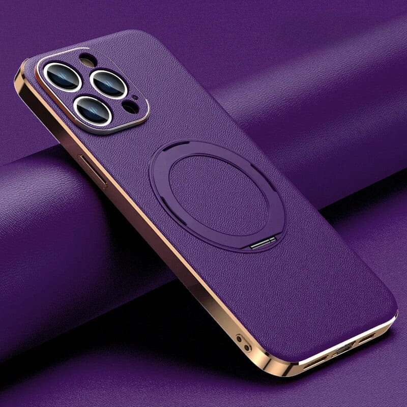 Leather MagSafe iPhone Case with 360° Rotating Ring Stand & Metallic Frame for iPhone 17, 16, 15, 14 Pro Max Plus Air | Thomler
