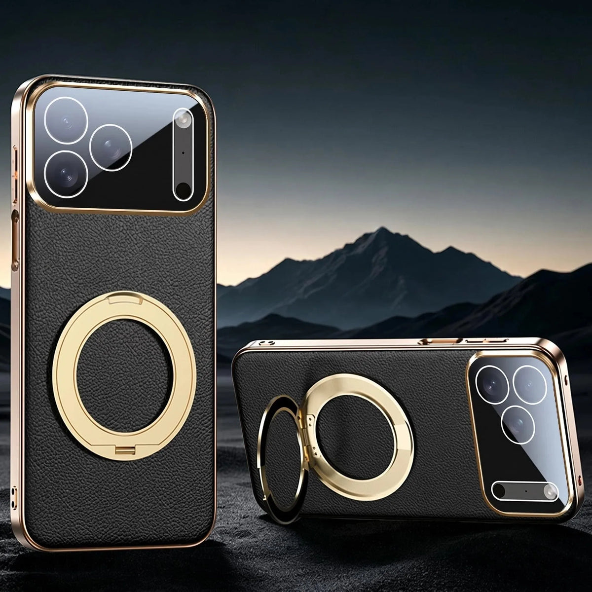 Leather MagSafe iPhone Case with 360° Rotating Ring Stand & Metallic Frame for iPhone 17, 16, 15, 14 Pro Max Plus Air | Thomler