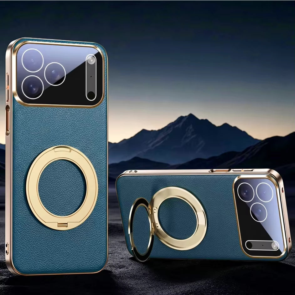 Leather MagSafe iPhone Case with 360° Rotating Ring Stand & Metallic Frame for iPhone 17, 16, 15, 14 Pro Max Plus Air | Thomler