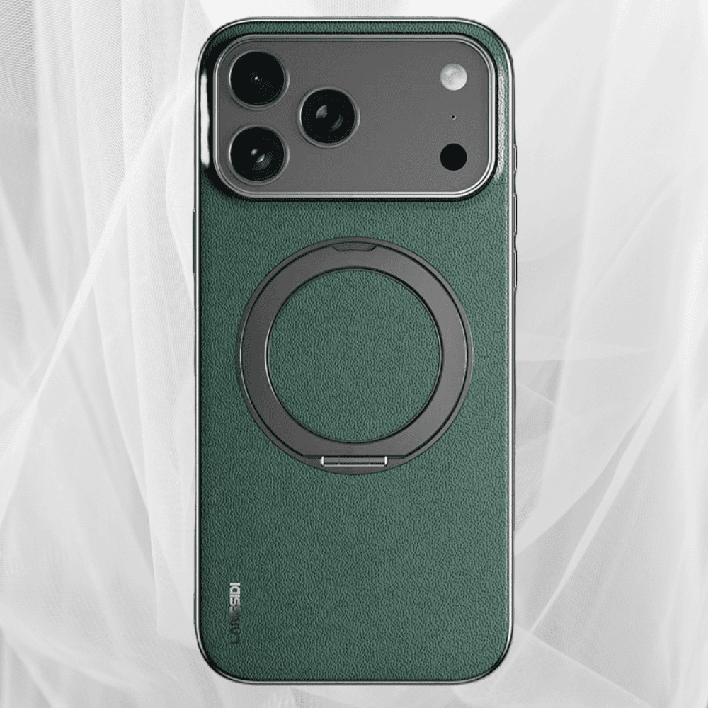 Leather MagSafe iPhone Case with 360° Rotating Ring Stand & Metallic Frame for iPhone 17, 16, 15, 14 Pro Max Plus Air | Thomler