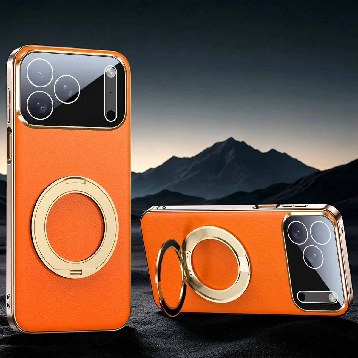 Leather MagSafe iPhone Case with 360° Rotating Ring Stand & Metallic Frame for iPhone 17, 16, 15, 14 Pro Max Plus Air | Thomler