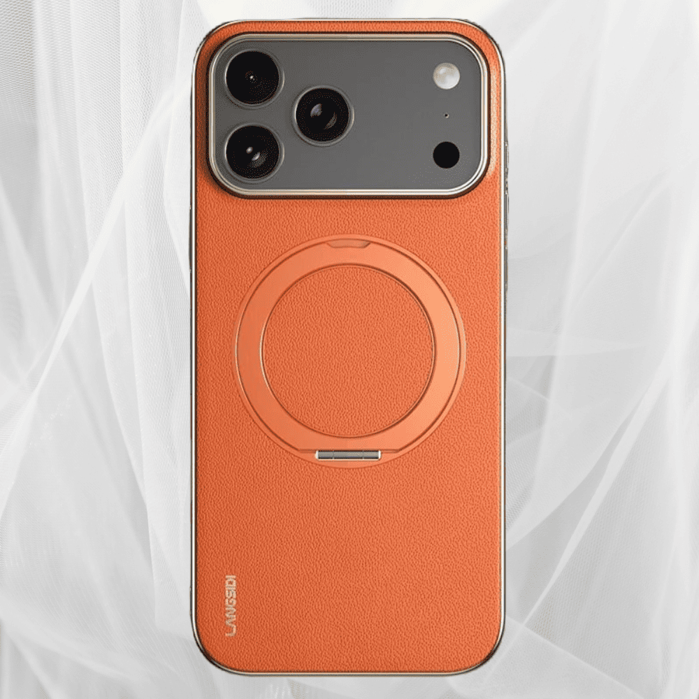Leather MagSafe iPhone Case with 360° Rotating Ring Stand & Metallic Frame for iPhone 17, 16, 15, 14 Pro Max Plus Air | Thomler