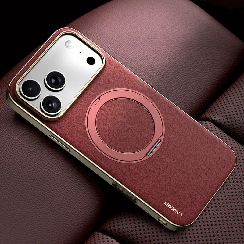 Leather MagSafe iPhone Case with 360° Rotating Ring Stand & Metallic Frame for iPhone 17, 16, 15, 14 Pro Max Plus Air | Thomler