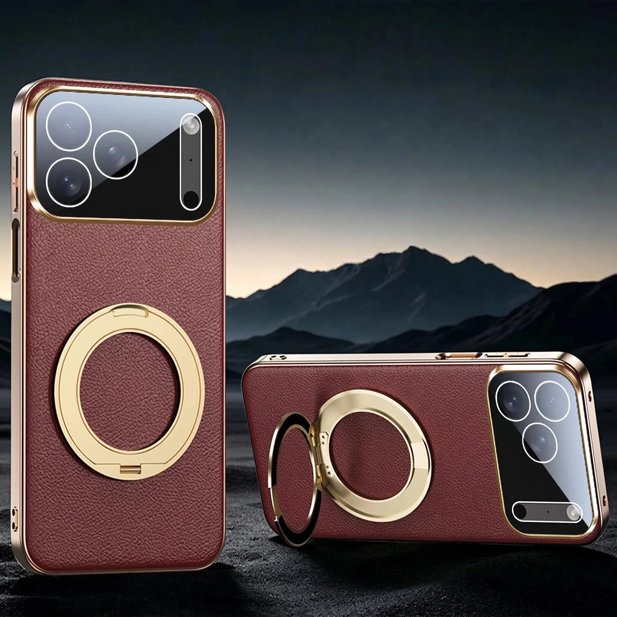 Leather MagSafe iPhone Case with 360° Rotating Ring Stand & Metallic Frame for iPhone 17, 16, 15, 14 Pro Max Plus Air | Thomler