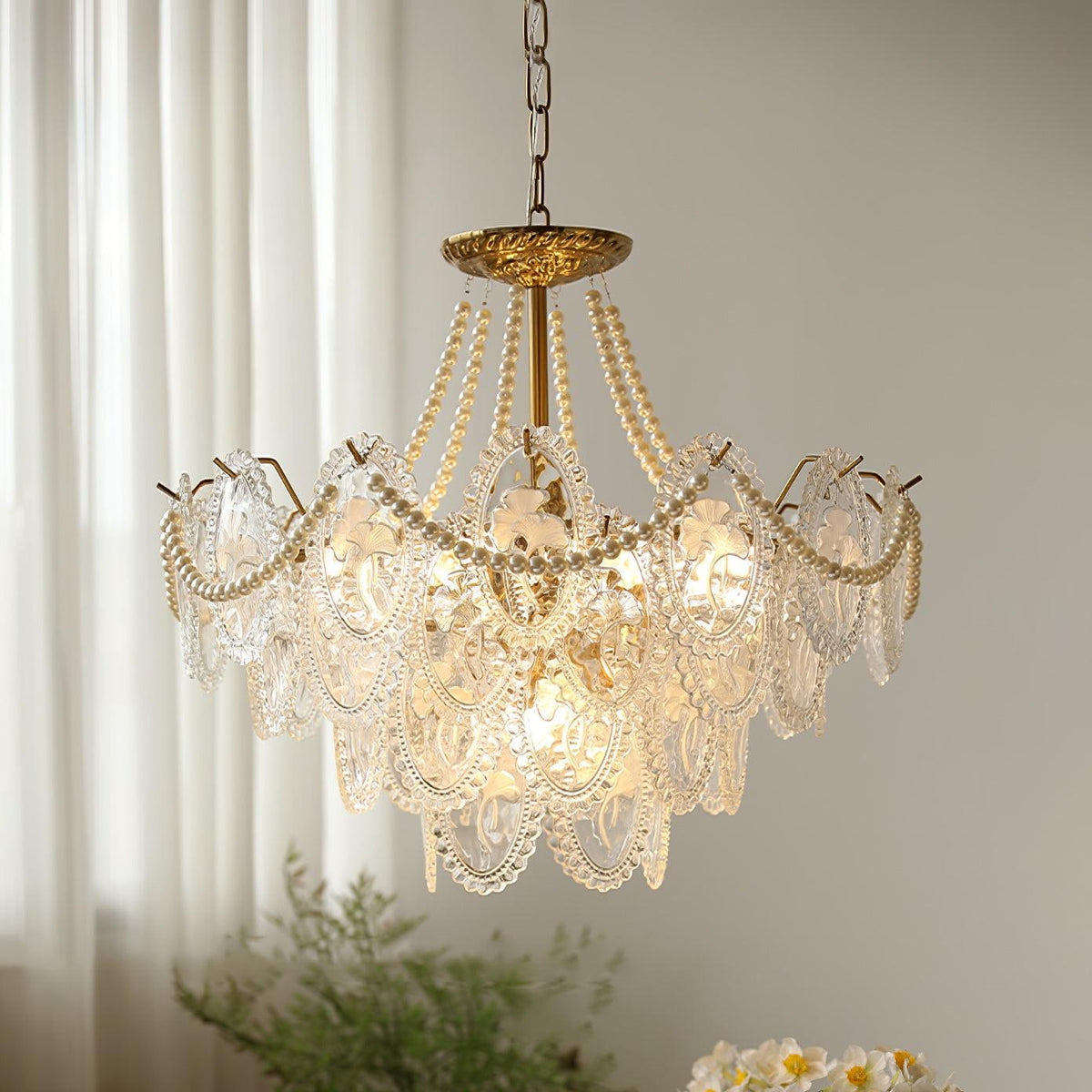 Tiered Glass Bead Chandelier with Polished Gold Hardware – Modern Pendant Ceiling Light | Thomler