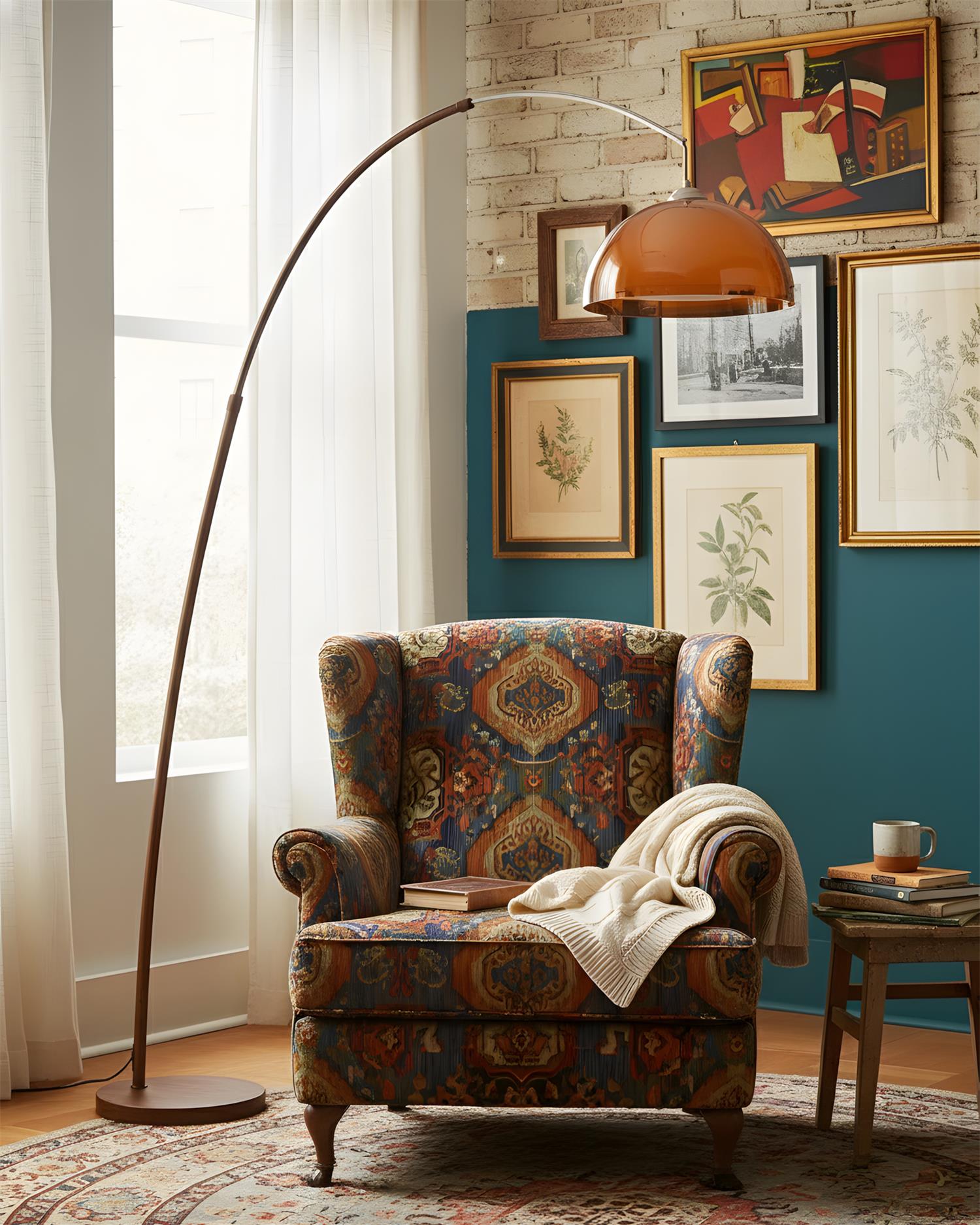 Floor Lamp Metal Arched 65 in Amber Dome Living Room Reading Modern Mid Century Lighting Adjustable Height | Thomler