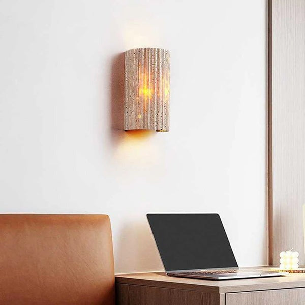 Stone Textured Half-Cylinder LED Indoor Sconce – Travertine Wall Fixture for Bedroom Hallway Living Room – Hardwired E27 Socket 9W Warm Glow | Thomler