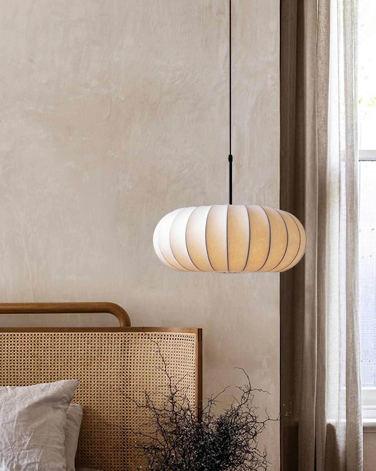 Pendant Lamp Fabric Shade 11.8 in White Rustic Living Room Dining Ceiling Light | Thomler