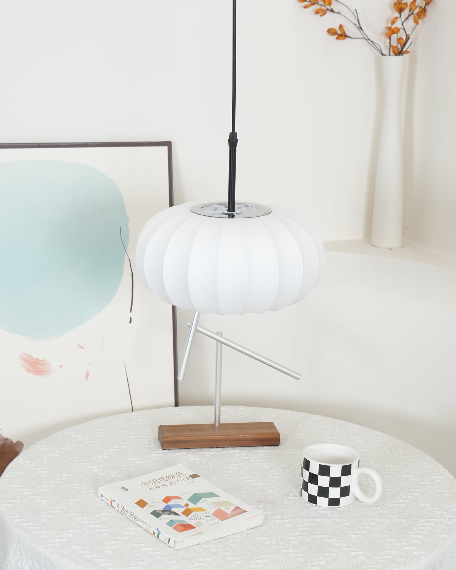 Pendant Light Fabric Shade 19.6 in Adjustable Ceiling Lamp White Black Dining Room Kitchen Island Hanging Light | Thomler
