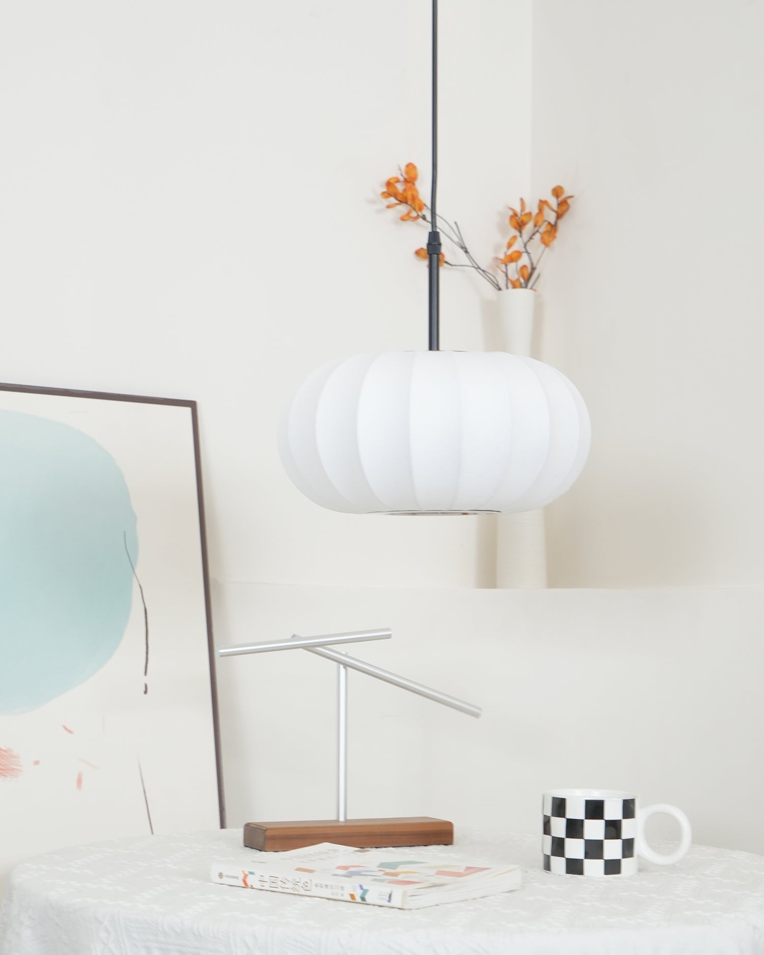 Pendant Light Fabric Shade 19.6 in Adjustable Ceiling Lamp White Black Dining Room Kitchen Island Hanging Light | Thomler