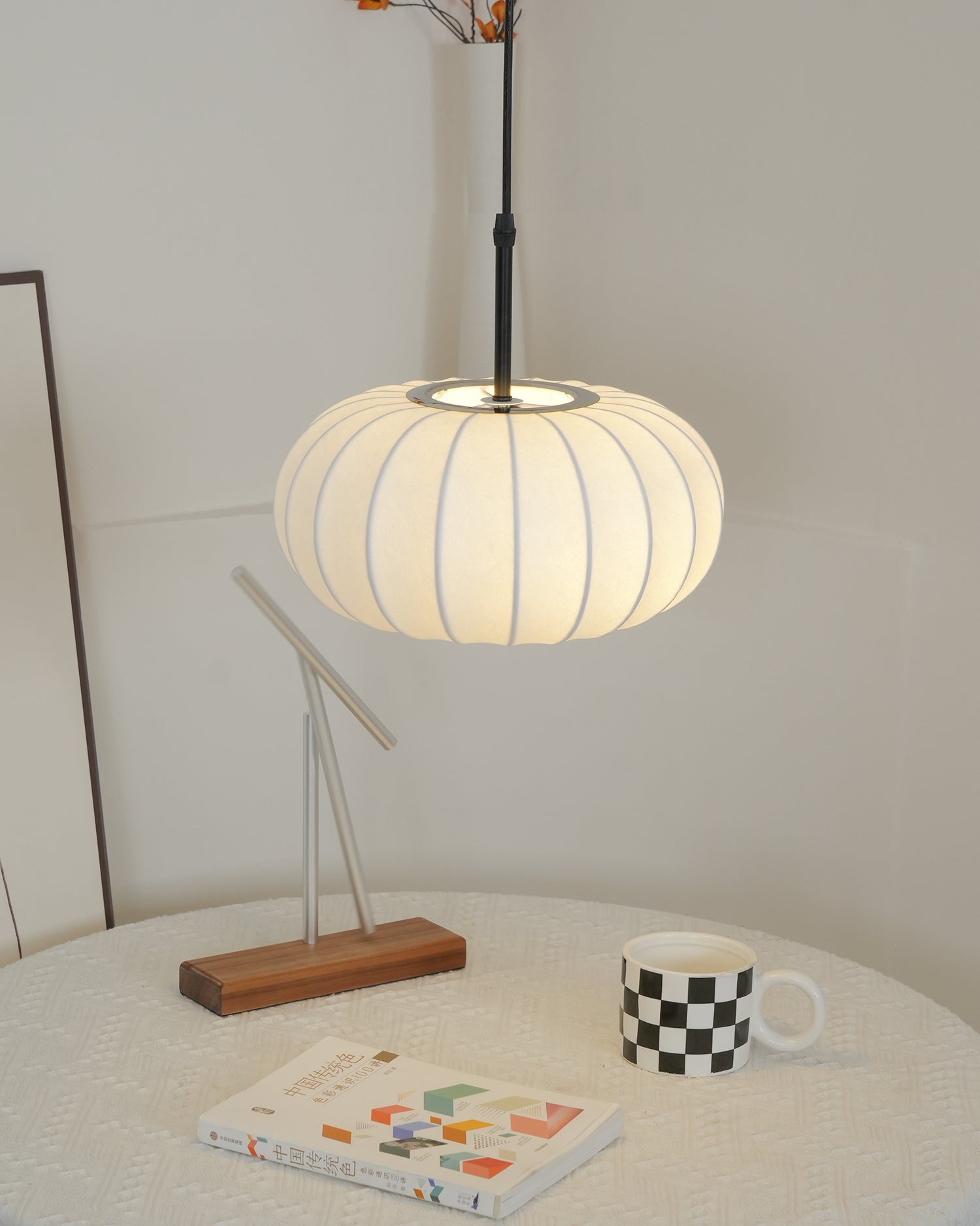 Pendant Light Fabric Shade 19.6 in Adjustable Ceiling Lamp White Black Dining Room Kitchen Island Hanging Light | Thomler