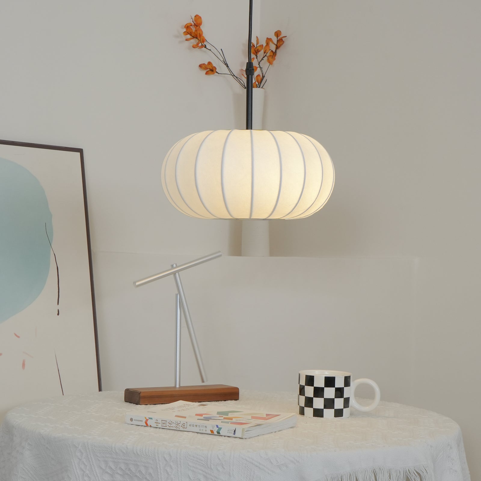Pendant Light Fabric Shade 19.6 in Adjustable Ceiling Lamp White Black Dining Room Kitchen Island Hanging Light | Thomler