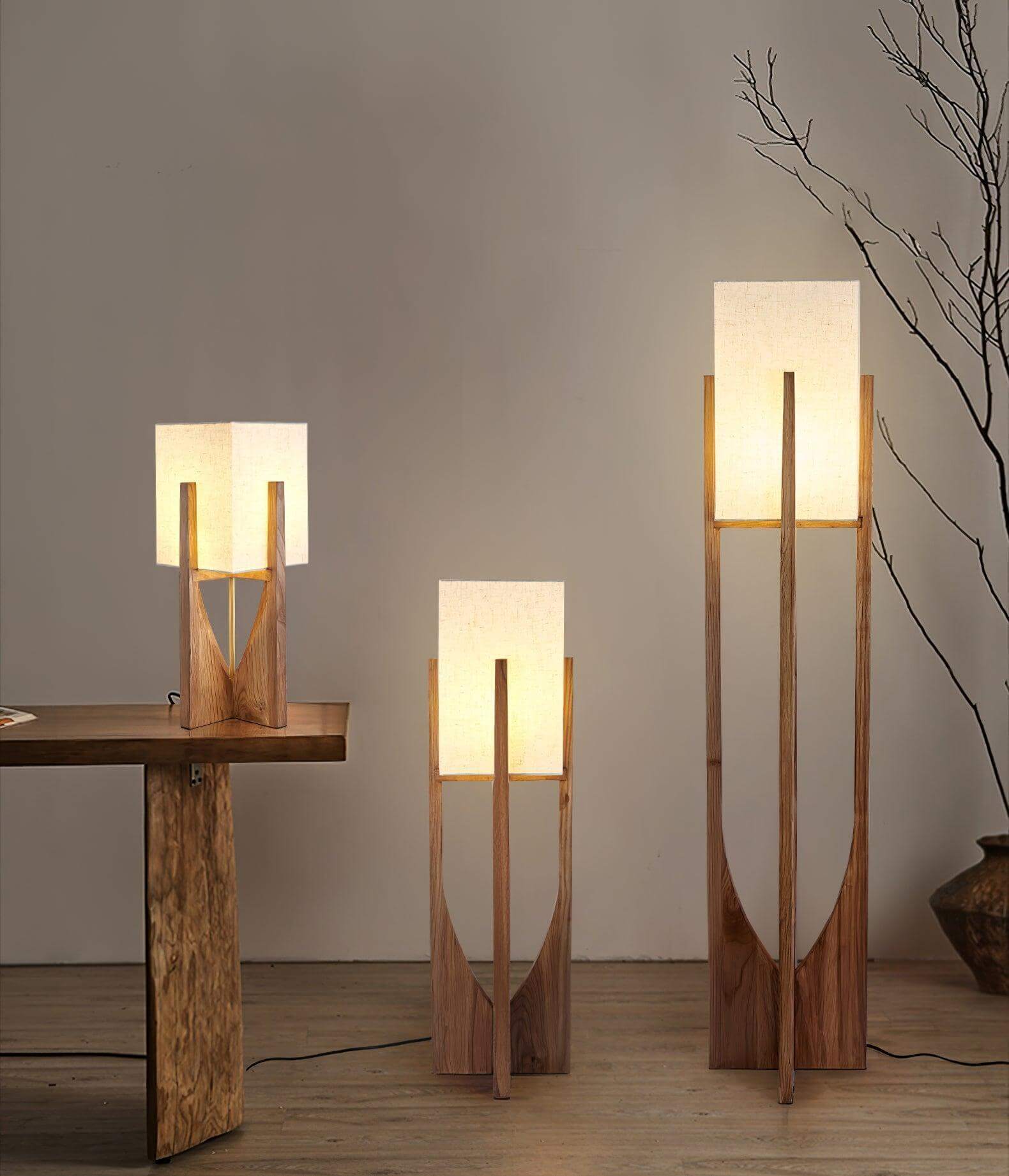 Floor Lamp Wood Fabric Shade 57 in Retro Living Room Bedroom Mid Century Standing Light Ambient Lighting | Thomler