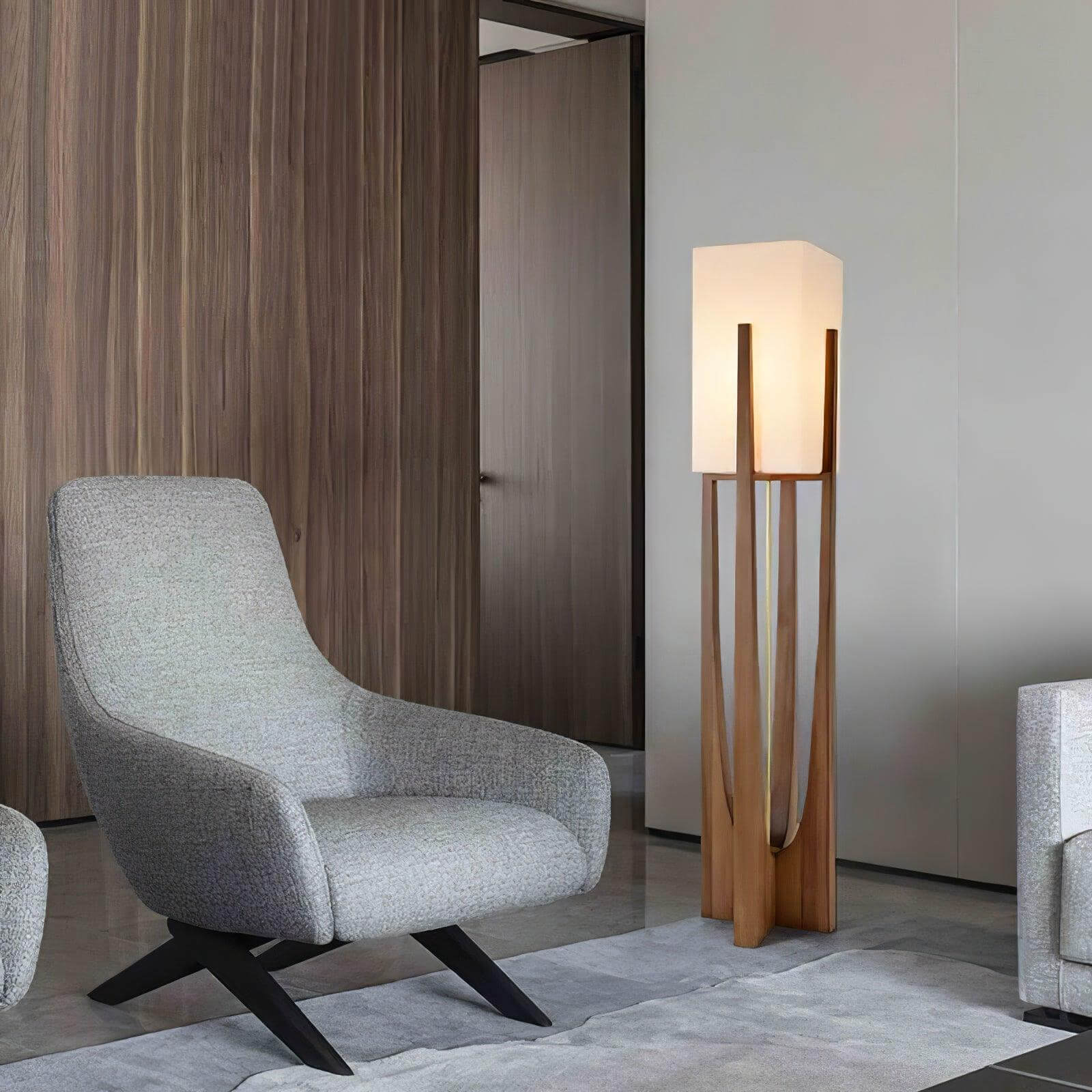Floor Lamp Wood Fabric Shade 57 in Retro Living Room Bedroom Mid Century Standing Light Ambient Lighting | Thomler