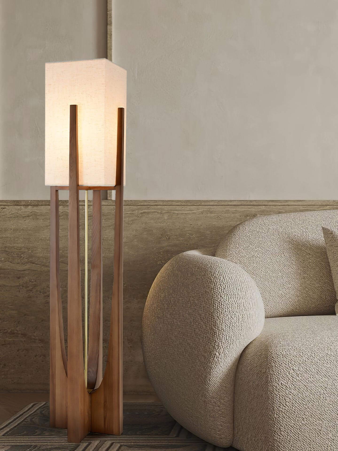 Floor Lamp Wood Fabric Shade 57 in Retro Living Room Bedroom Mid Century Standing Light Ambient Lighting | Thomler