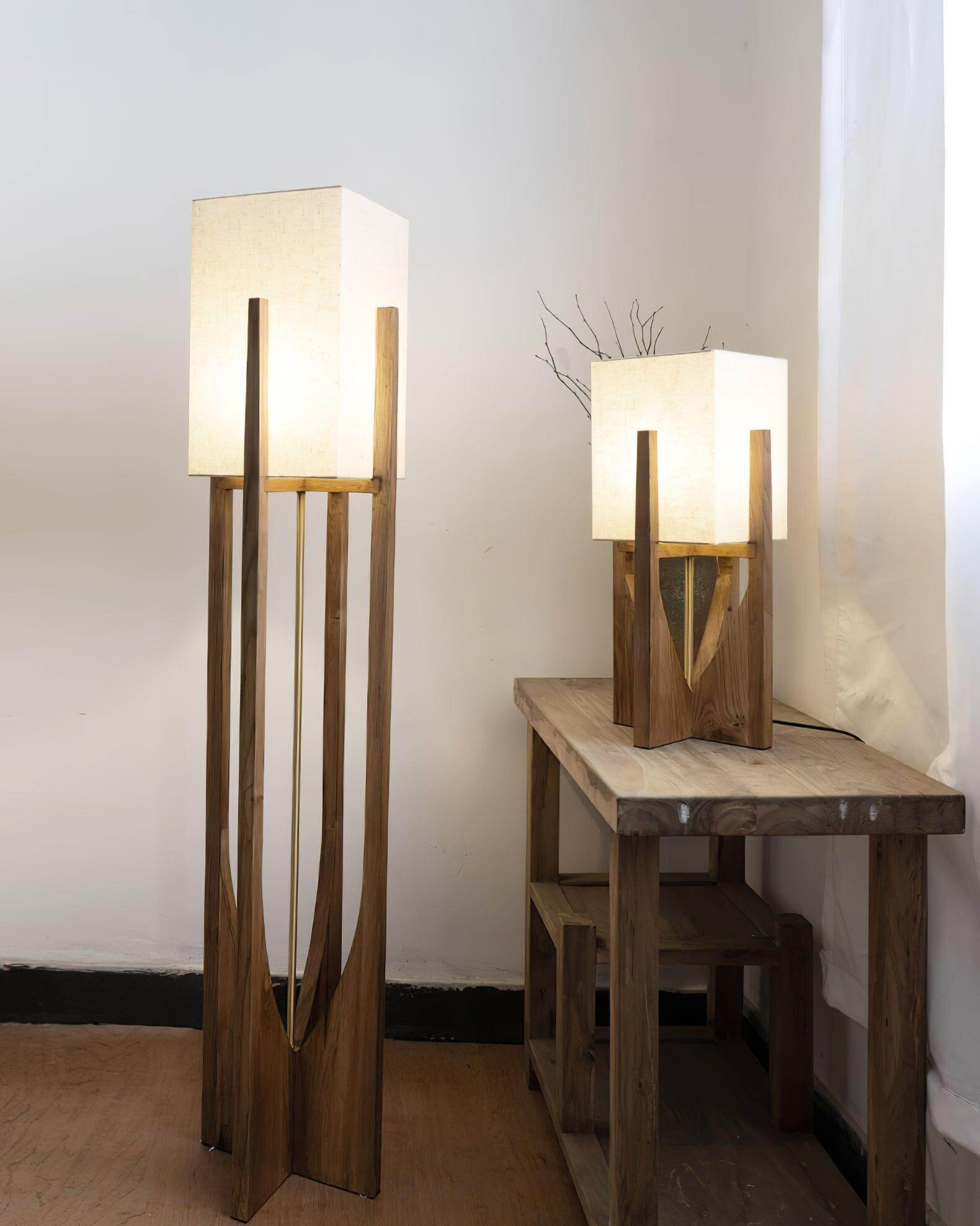 Floor Lamp Wood Fabric Shade 57 in Retro Living Room Bedroom Mid Century Standing Light Ambient Lighting | Thomler