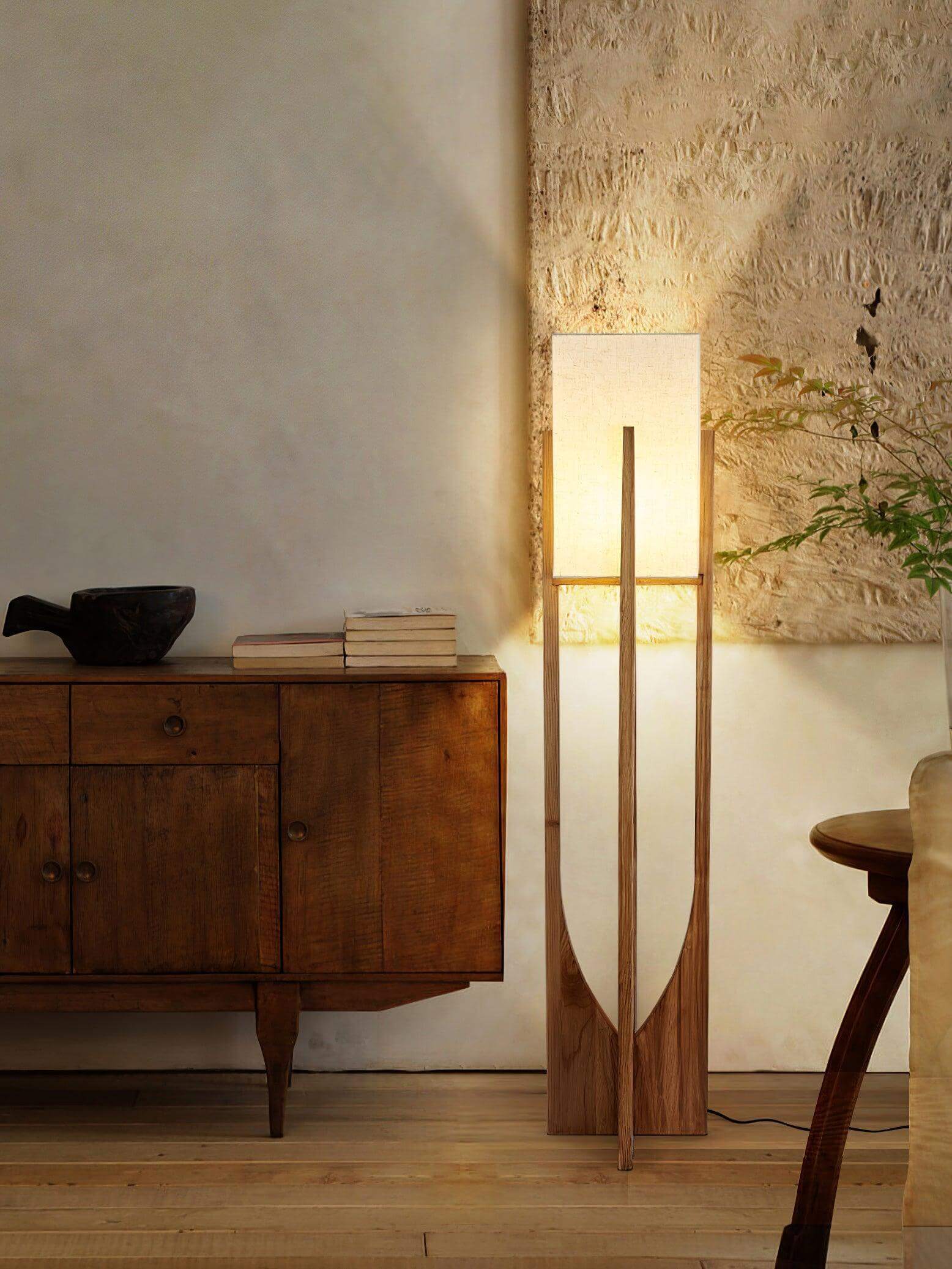 Floor Lamp Wood Fabric Shade 57 in Retro Living Room Bedroom Mid Century Standing Light Ambient Lighting | Thomler