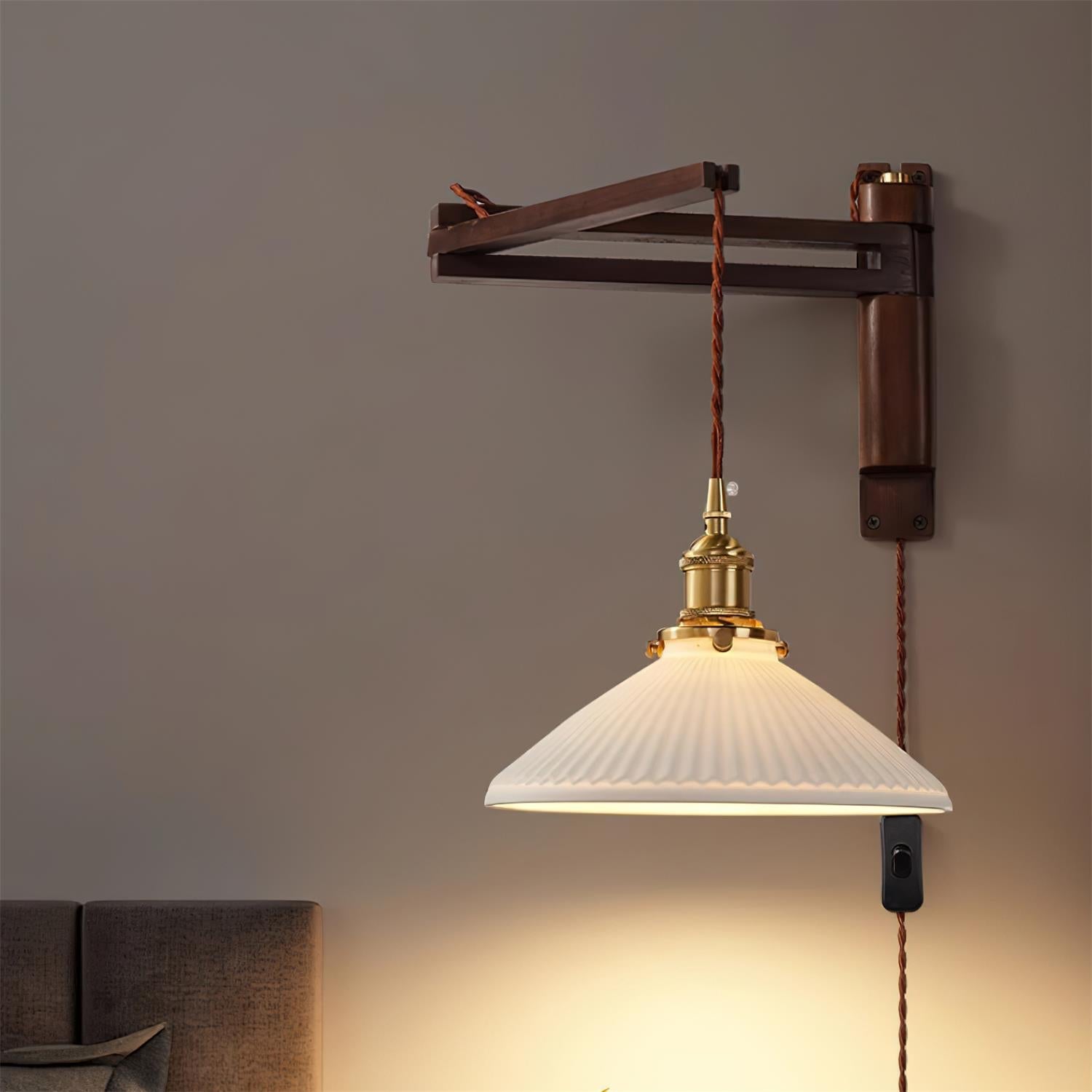 Wall Lamp Wood Adjustable Arm 9 in (23.0 cm) E26 Indoor Bedroom Living Room Lighting Fixture Frosted Glass Amber White Pleated Shade | Thomler