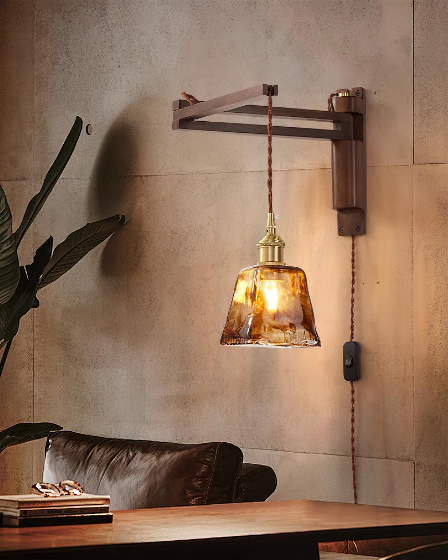 Wall Lamp Wood Adjustable Arm 9 in (23.0 cm) E26 Indoor Bedroom Living Room Lighting Fixture Frosted Glass Amber White Pleated Shade | Thomler