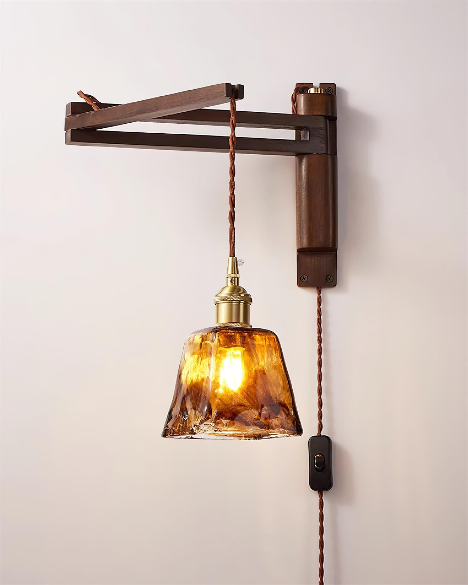 Wall Lamp Wood Adjustable Arm 9 in (23.0 cm) E26 Indoor Bedroom Living Room Lighting Fixture Frosted Glass Amber White Pleated Shade | Thomler