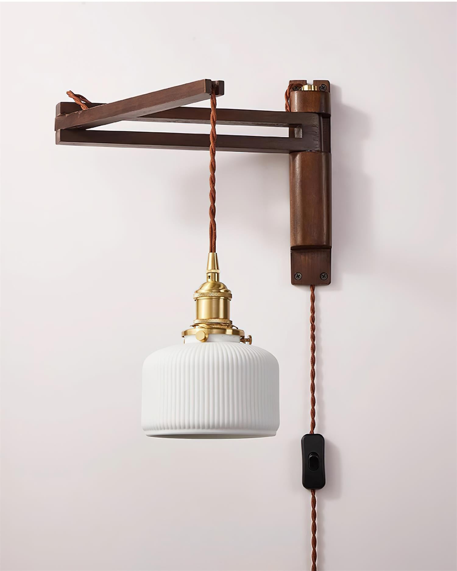 Wall Lamp Wood Adjustable Arm 9 in (23.0 cm) E26 Indoor Bedroom Living Room Lighting Fixture Frosted Glass Amber White Pleated Shade | Thomler