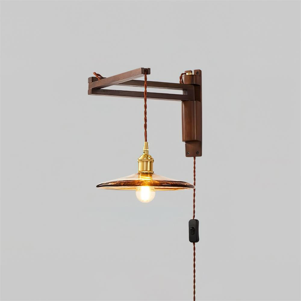 Wall Lamp Wood Adjustable Arm 9 in (23.0 cm) E26 Indoor Bedroom Living Room Lighting Fixture Frosted Glass Amber White Pleated Shade | Thomler