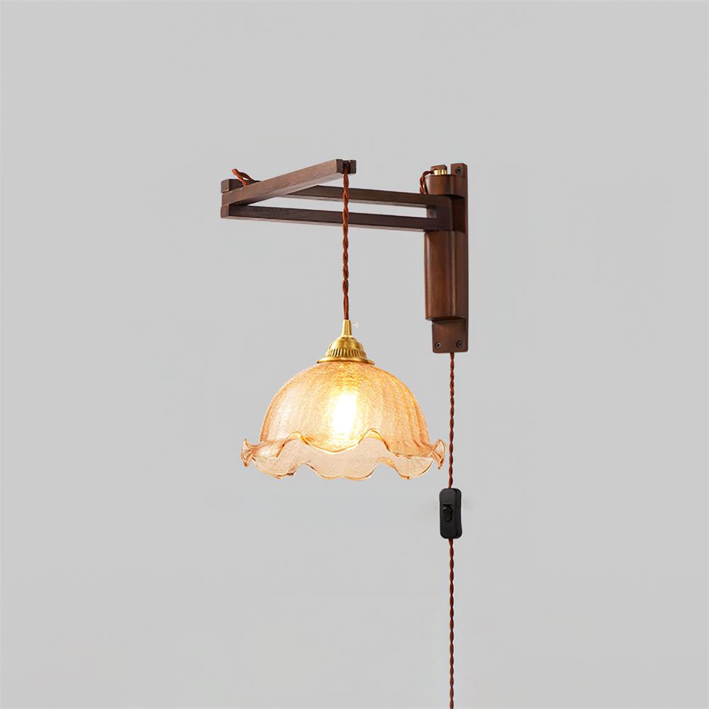 Wall Lamp Wood Adjustable Arm 9 in (23.0 cm) E26 Indoor Bedroom Living Room Lighting Fixture Frosted Glass Amber White Pleated Shade | Thomler