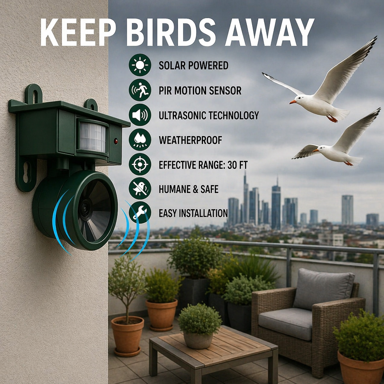 Solar-Powered Bird Deterrent with Motion Sensor and Predator Calls for Yard, Patio, and Roof Protection | Thomler
