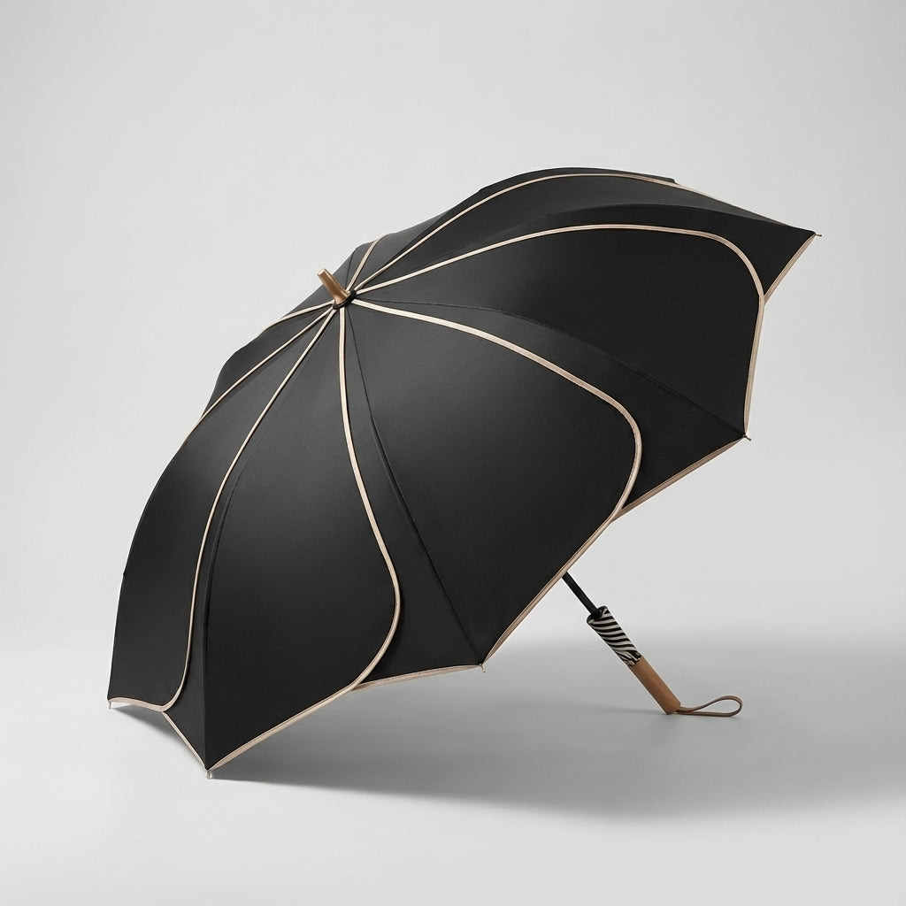 Floral Scalloped Canopy Rain & Sun Umbrella with Wood Handle – Women's Fashion Outdoor Accessory for All Seasons | Thomler