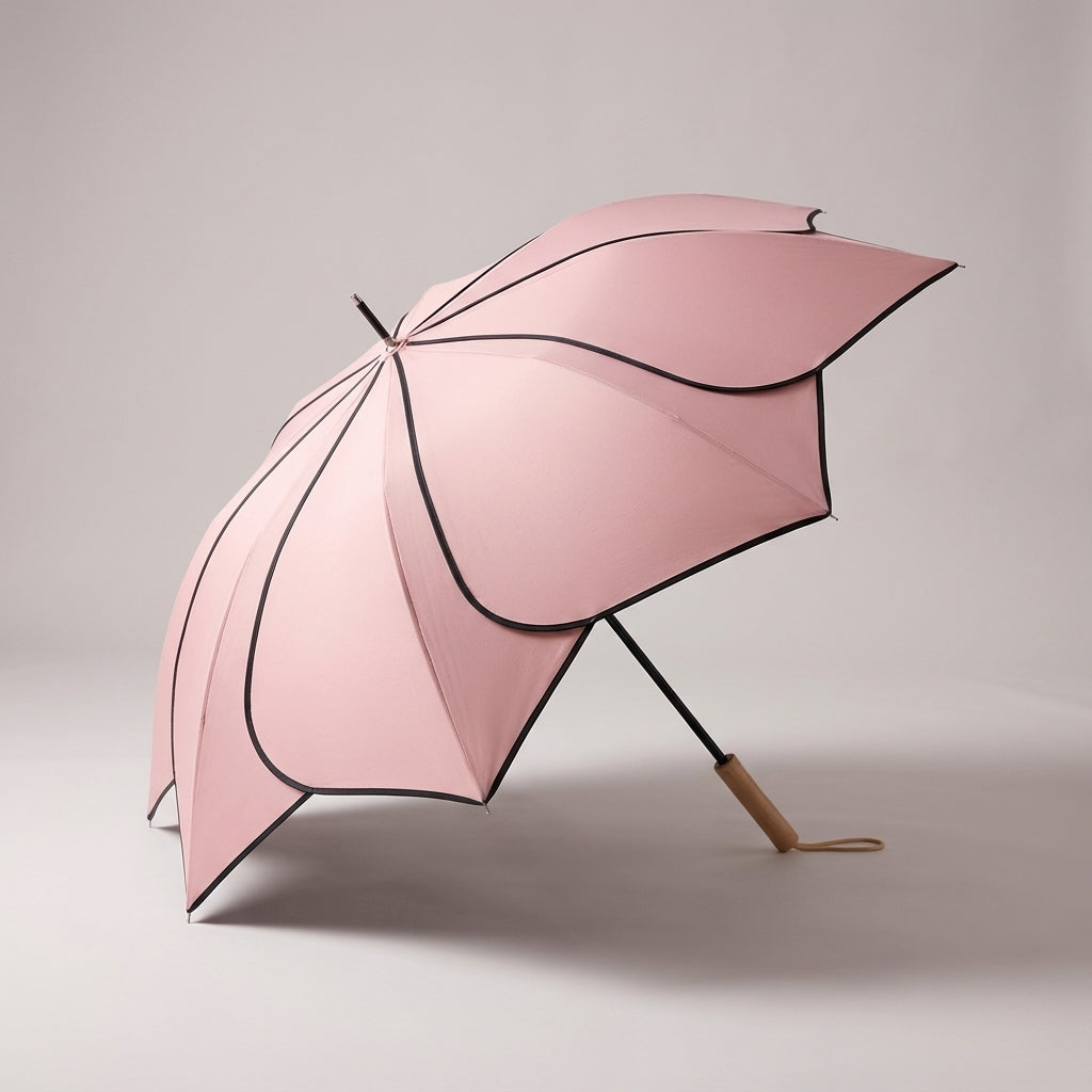 Floral Scalloped Canopy Rain & Sun Umbrella with Wood Handle – Women's Fashion Outdoor Accessory for All Seasons | Thomler
