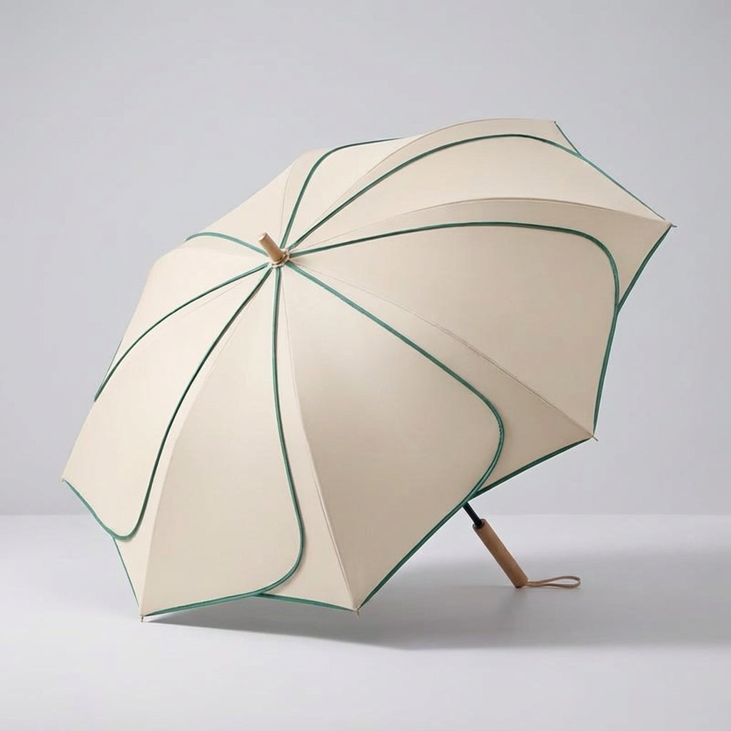 Floral Scalloped Canopy Rain & Sun Umbrella with Wood Handle – Women's Fashion Outdoor Accessory for All Seasons | Thomler