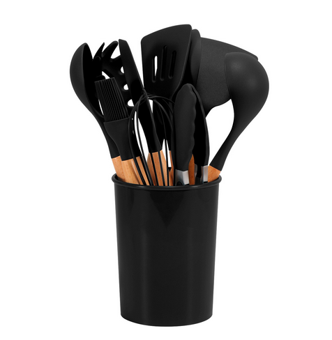 12-Piece Silicone Kitchen Utensil Set with Bamboo Handles and Holder – Heat-Resistant Nonstick Cooking Tools for Home Chefs | Thomler
