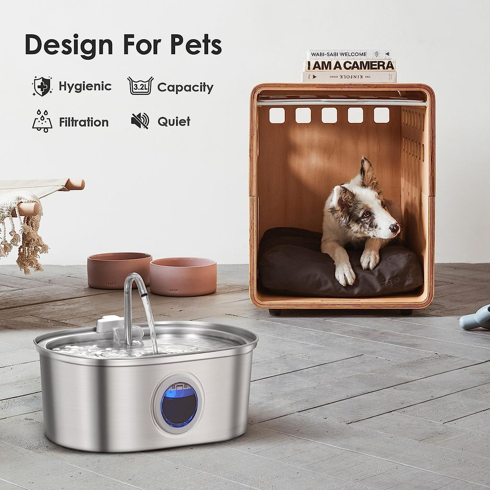 Stainless Steel Pet Water Fountain with Visible Level Window for Cats & Dogs – 0.85 Gallon Circulating Drinking Bowl with Dual Filter | Thomler