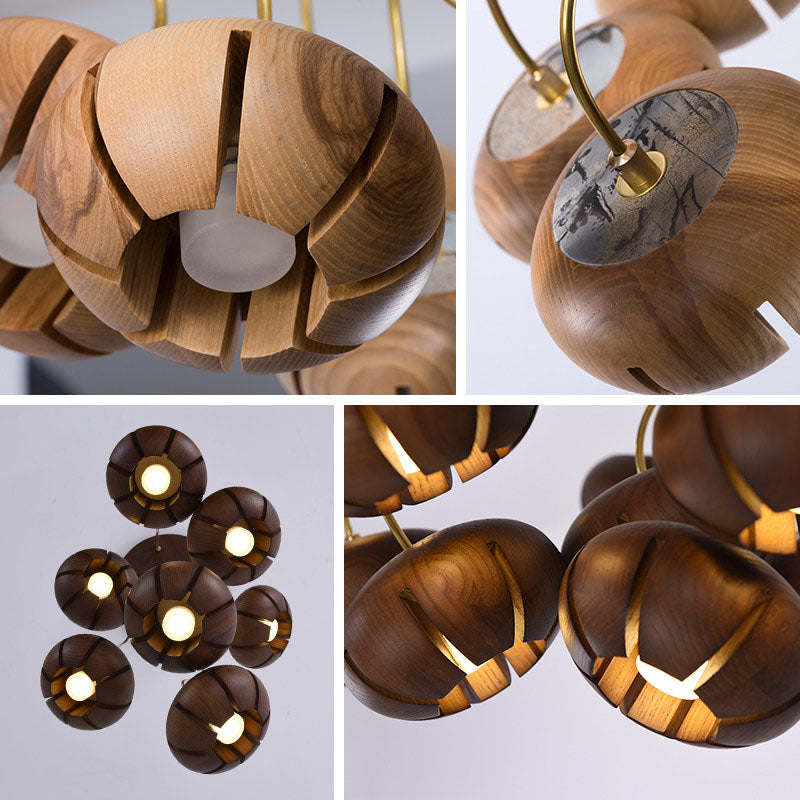 Natural Wood Multi-Pendant Ceiling Light with Cluster Sphere Design for Dining Room & Living Room | Thomler