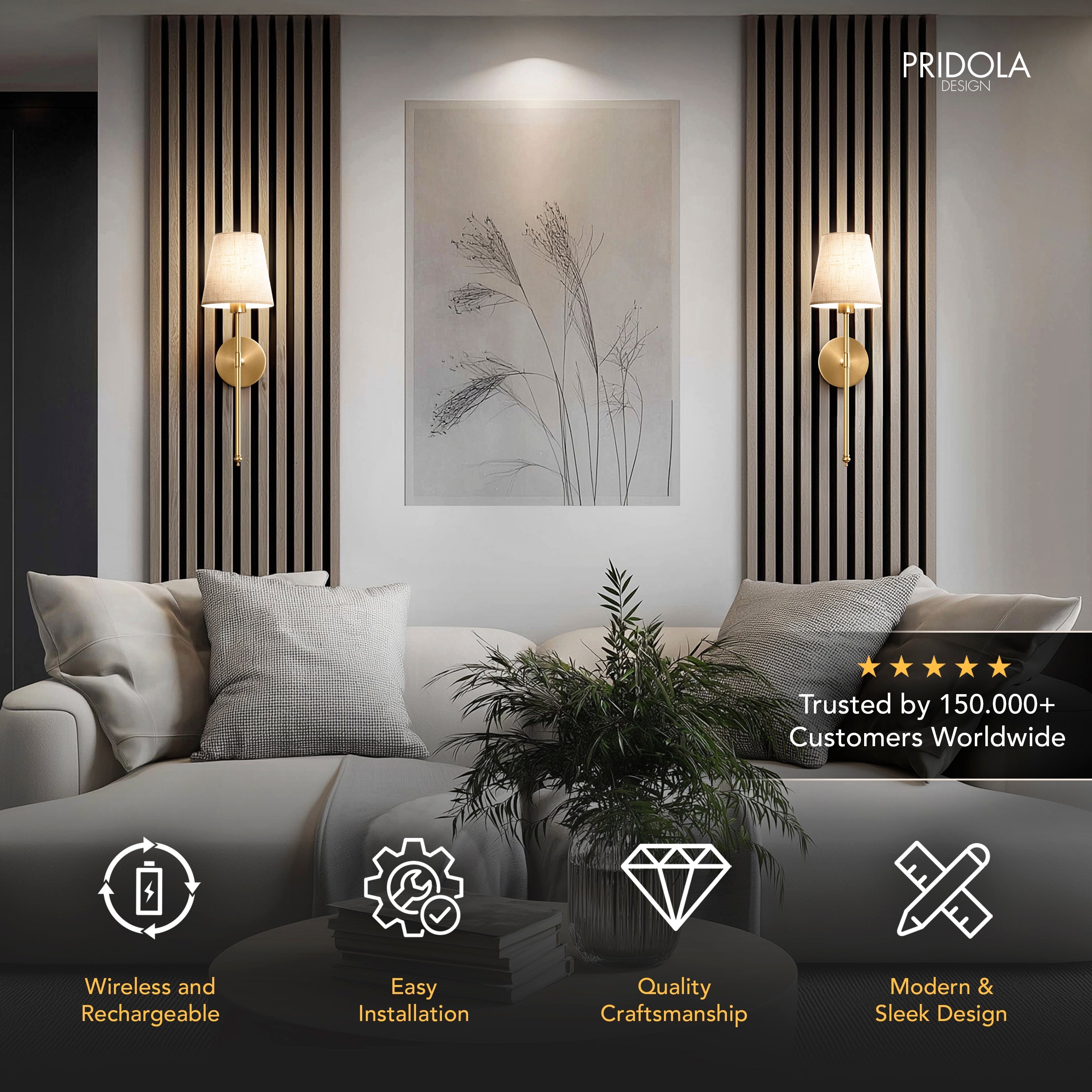 Wall Lamp Gold Linen Shade 51.5 cm Wireless Bedroom Living Room Dimmable RGB Remote Control Sconce Set Of 2 | Thomler