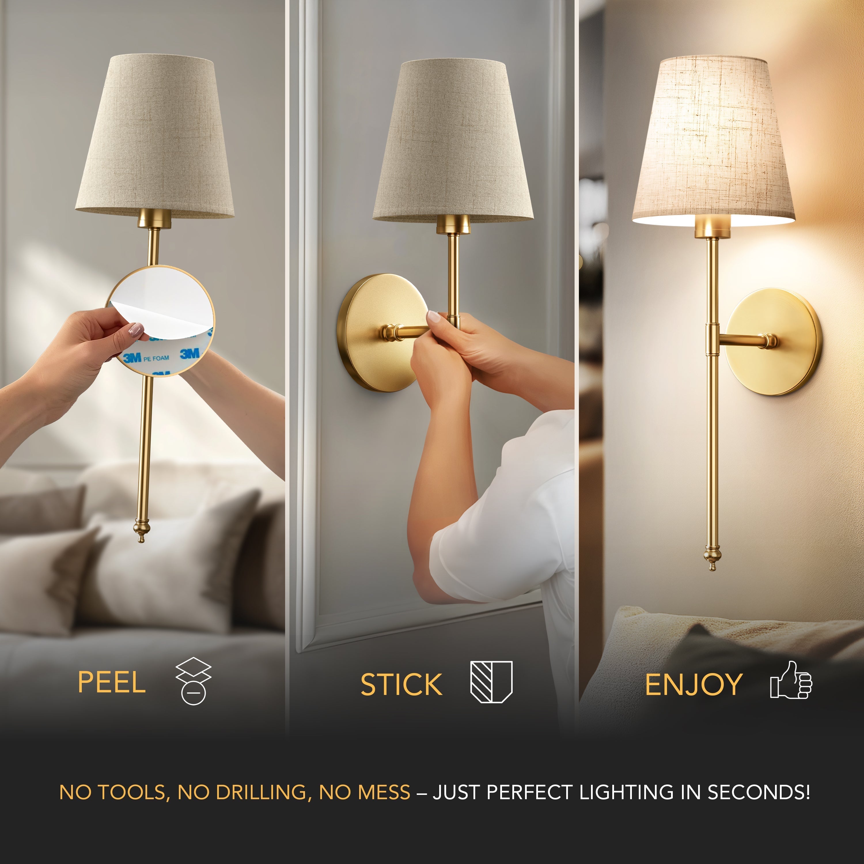 Wall Lamp Gold Linen Shade 51.5 cm Wireless Bedroom Living Room Dimmable RGB Remote Control Sconce Set Of 2 | Thomler