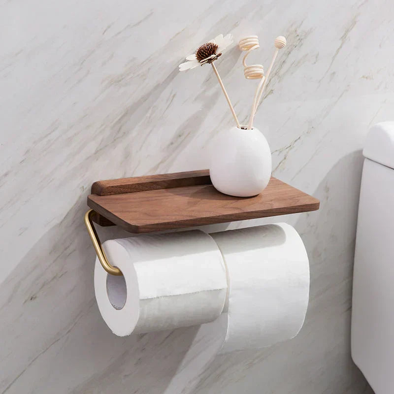 Toilet Roll Holder Walnut Wood Wall Mounted Bathroom Shelf Storage Organiser Minimalist Toilet Paper Rack | Thomler