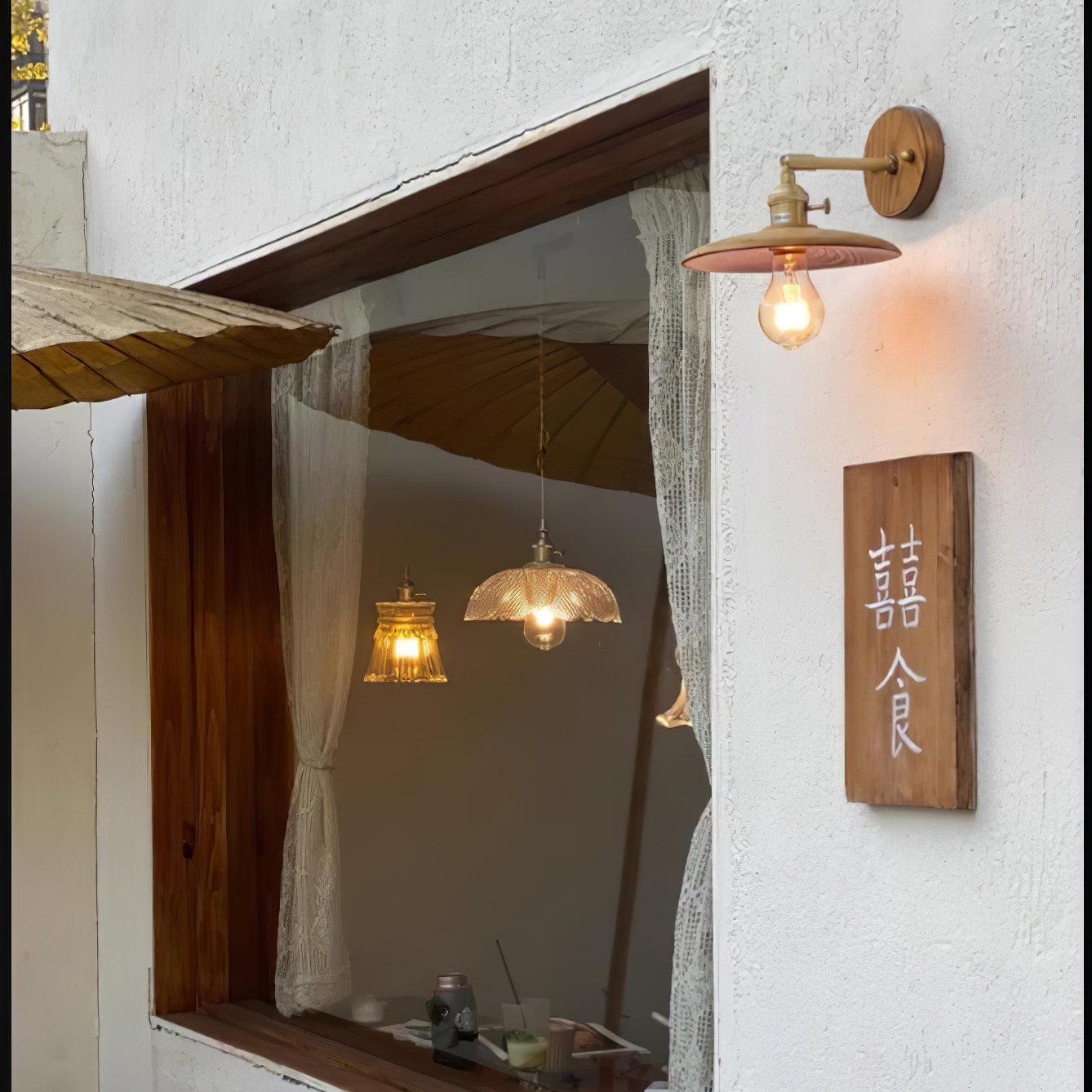 Wall Lamp Walnut Wood 20.0 cm Brass Living Room Bedroom Hallway E27 Round Japandi Scandinavian Indoor Lighting | Thomler