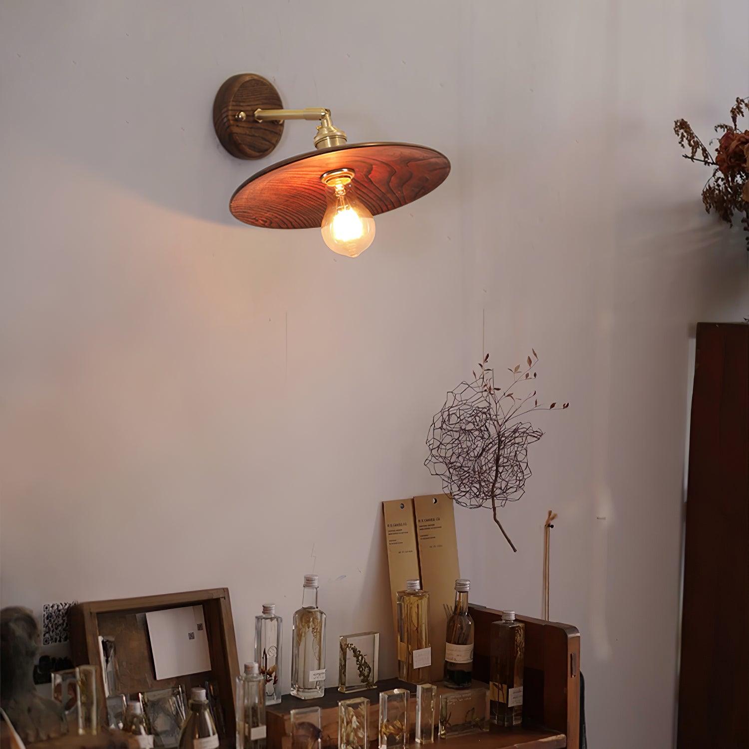Wall Lamp Walnut Wood 20.0 cm Brass Living Room Bedroom Hallway E27 Round Japandi Scandinavian Indoor Lighting | Thomler