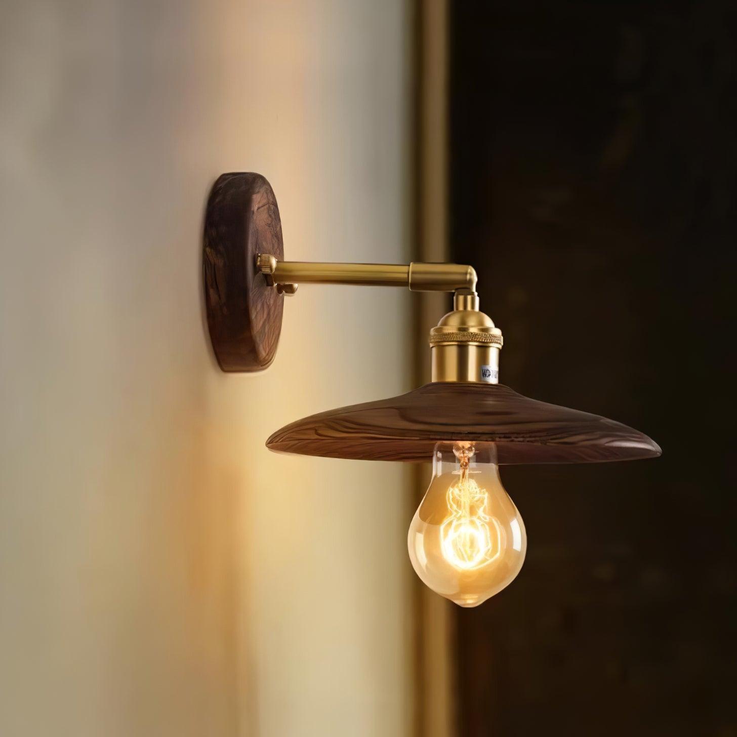 Wall Lamp Walnut Wood 20.0 cm Brass Living Room Bedroom Hallway E27 Round Japandi Scandinavian Indoor Lighting | Thomler