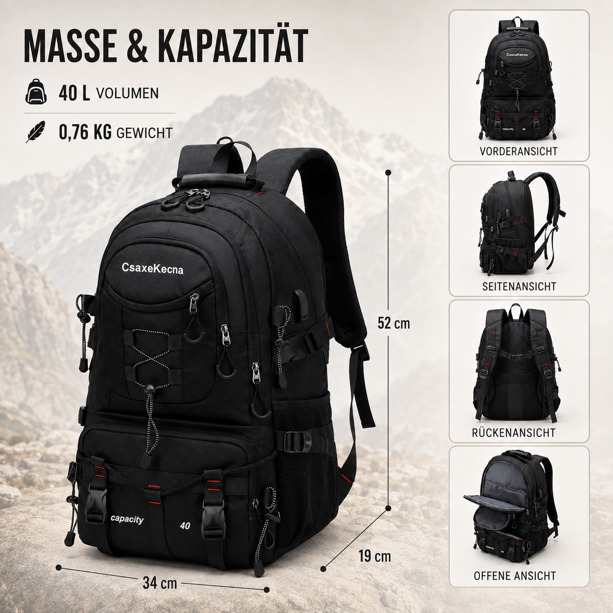 40L Hiking Backpack with USB Charging Port for Multi-Day Treks & Camping Trips – Water-Resistant Outdoor Daypack with Laptop Sleeve | Thomler