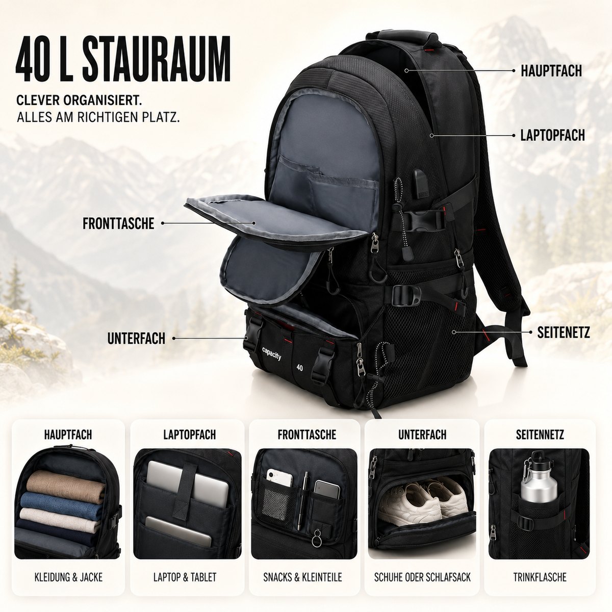 40L Hiking Backpack with USB Charging Port for Multi-Day Treks & Camping Trips – Water-Resistant Outdoor Daypack with Laptop Sleeve | Thomler