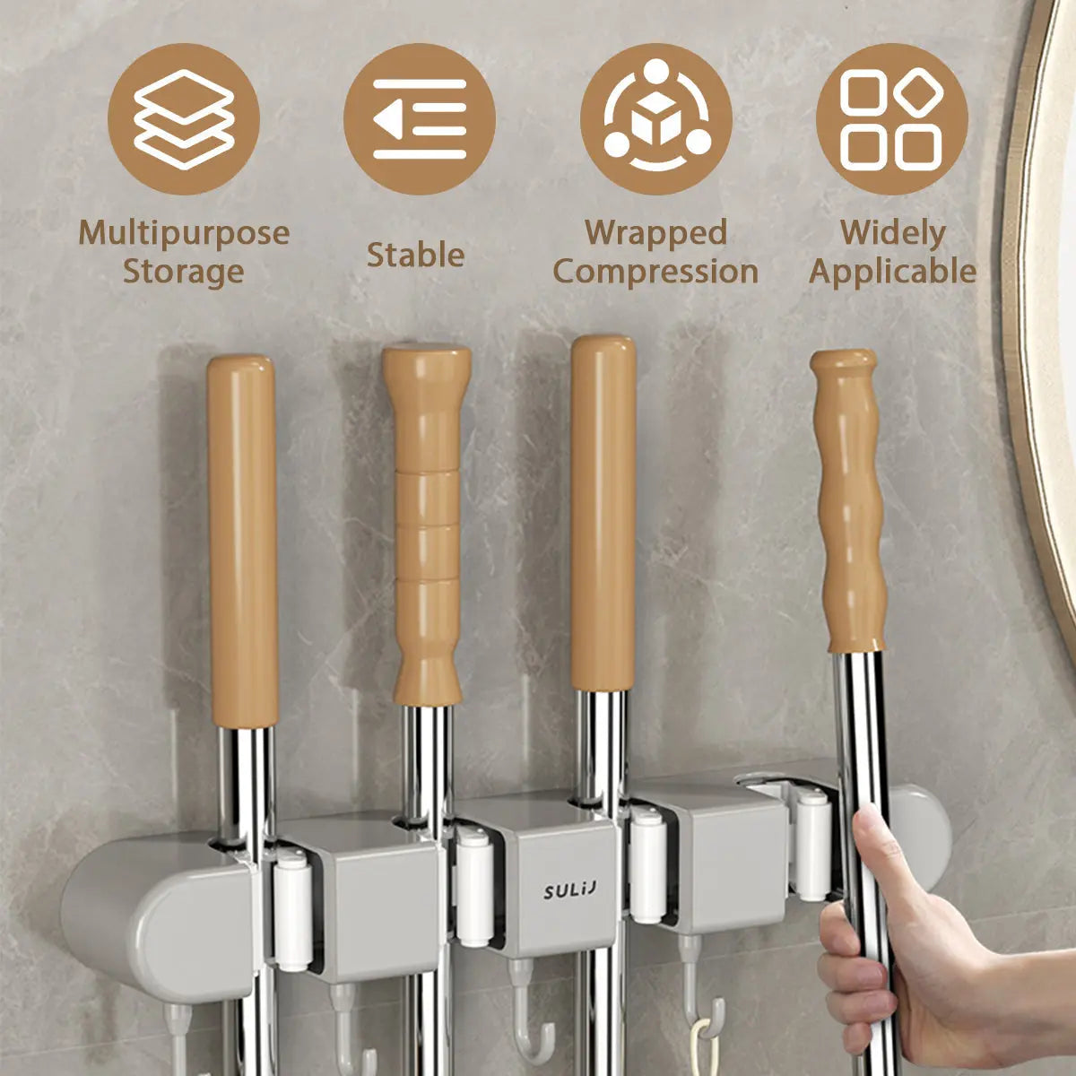 Wall Tool Holder Plastic Stainless Steel 33.4 cm Storage Organiser Garage Workshop Broom Mop Rack With 4 Grips 5 Hooks | Thomler