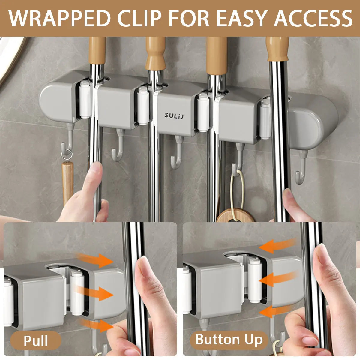 Wall Tool Holder Plastic Stainless Steel 33.4 cm Storage Organiser Garage Workshop Broom Mop Rack With 4 Grips 5 Hooks | Thomler